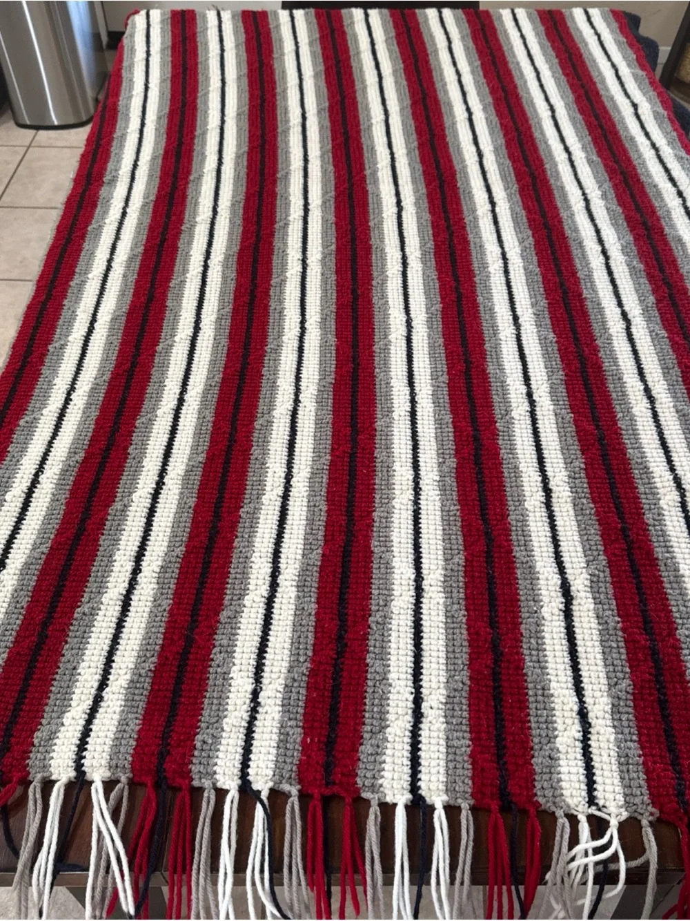 Handmade Crochet Afghan Throw 59x46 Red Gray Navy White Fringe Southwestern